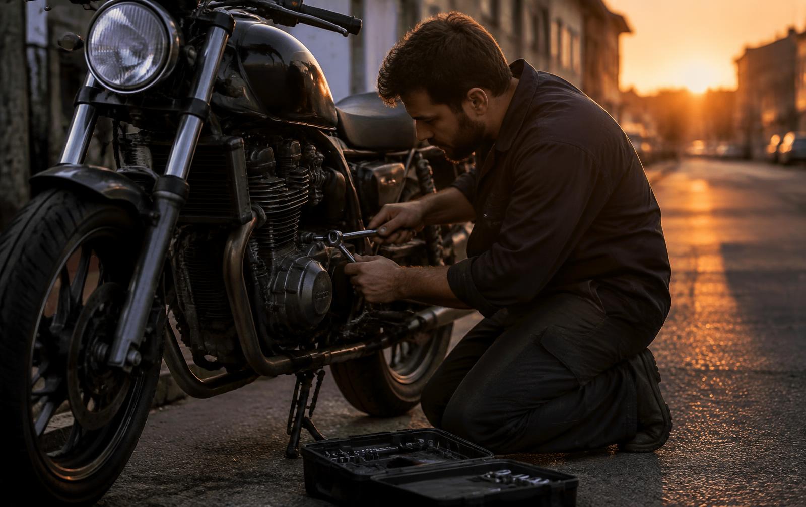 Profissional fazendo manutenção no motor de uma motocicleta